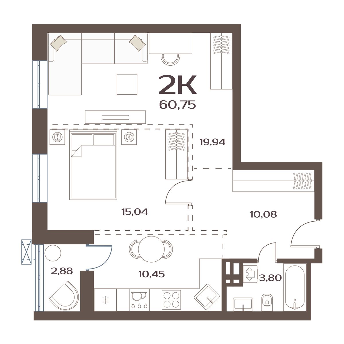 ЖК Меридианы Улисса, 2-комн кв 60,75 м2, за 7 805 000 ₽, 2 этаж